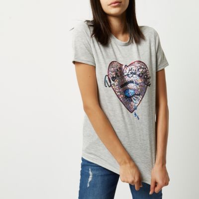 Grey sequin heart T-shirt